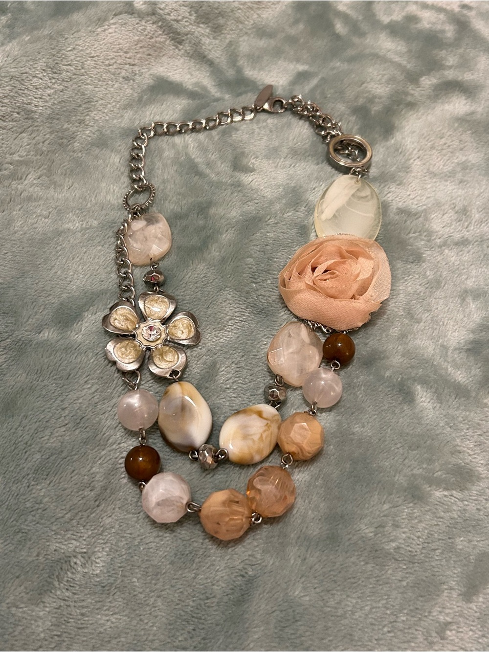 New York & Company Peach Silver Floral Beaded Statement Necklace